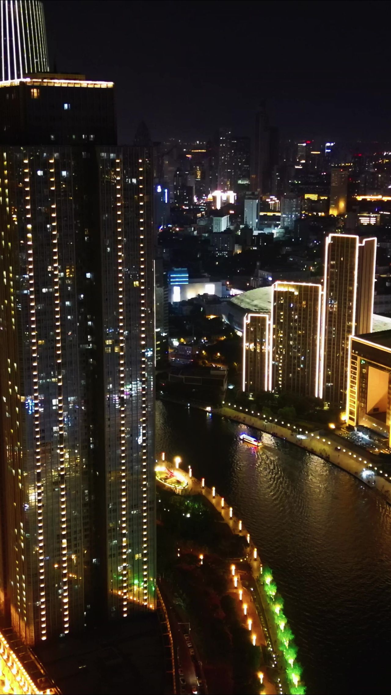 天津城市夜景灯光竖屏航拍 