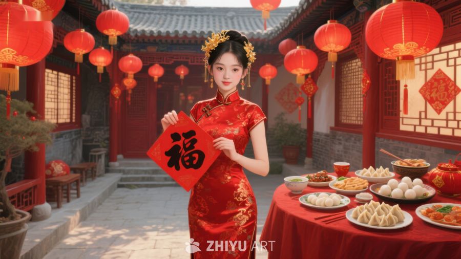 女子身着红裙手持福字，庭院灯笼高挂迎新春 691