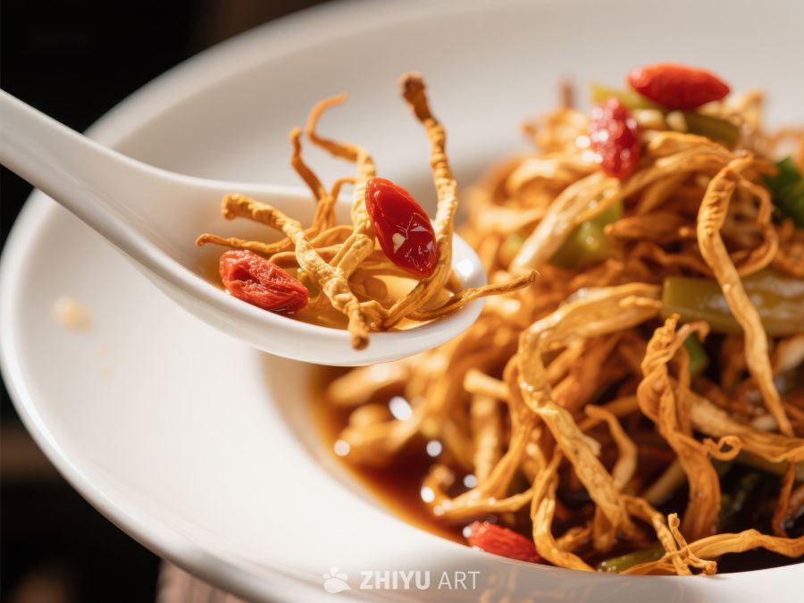 金针菇炒菜，汤匙舀起特写 421