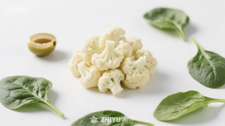 花椰菜与菠菜叶静物摆拍