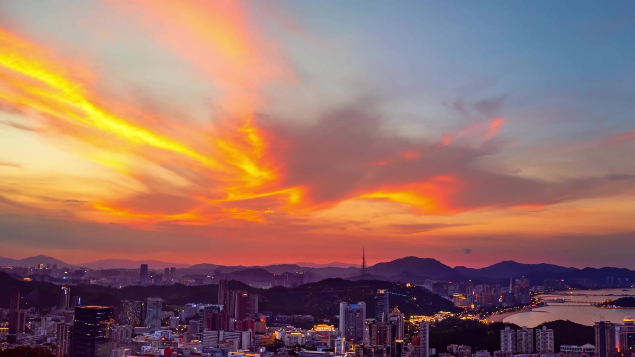 珠海城市夏日晚霞全景 