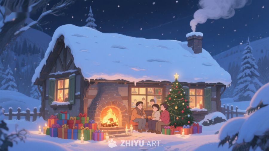 冬夜温馨小屋，家人围炉共度圣诞 80