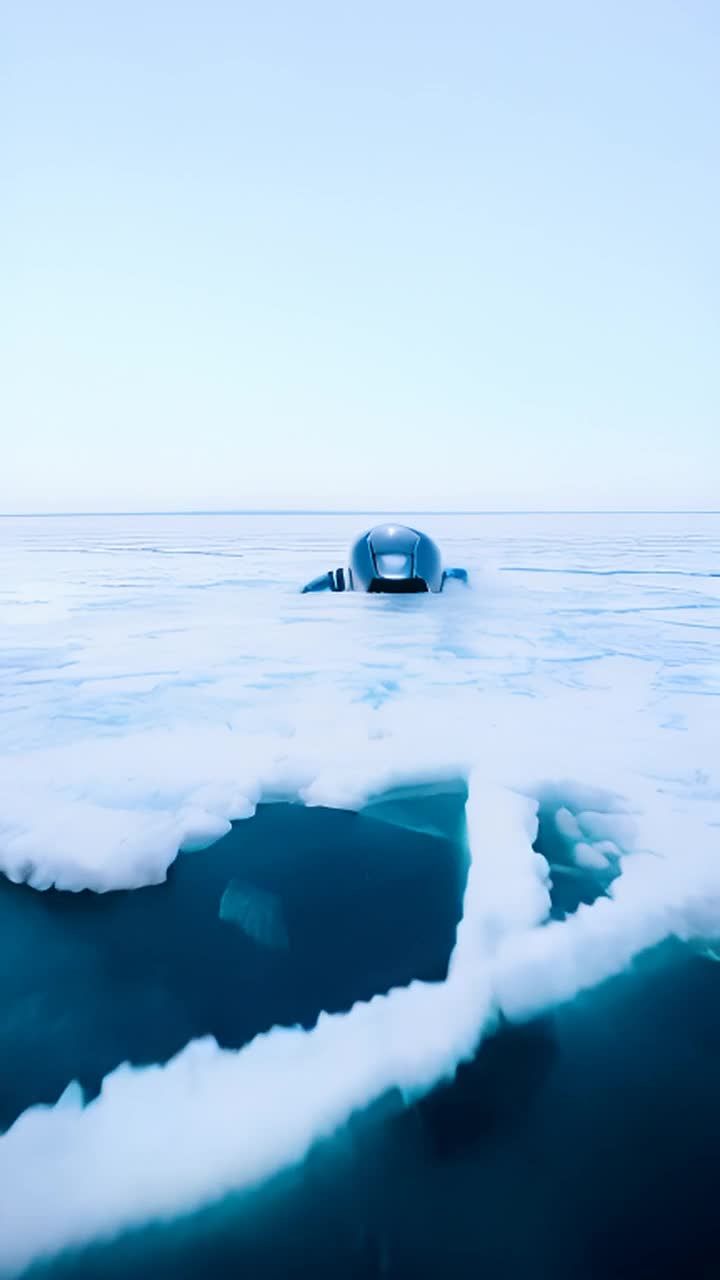冰覆盖的海洋表面，冰块漂浮在深蓝色海水上，天空呈现