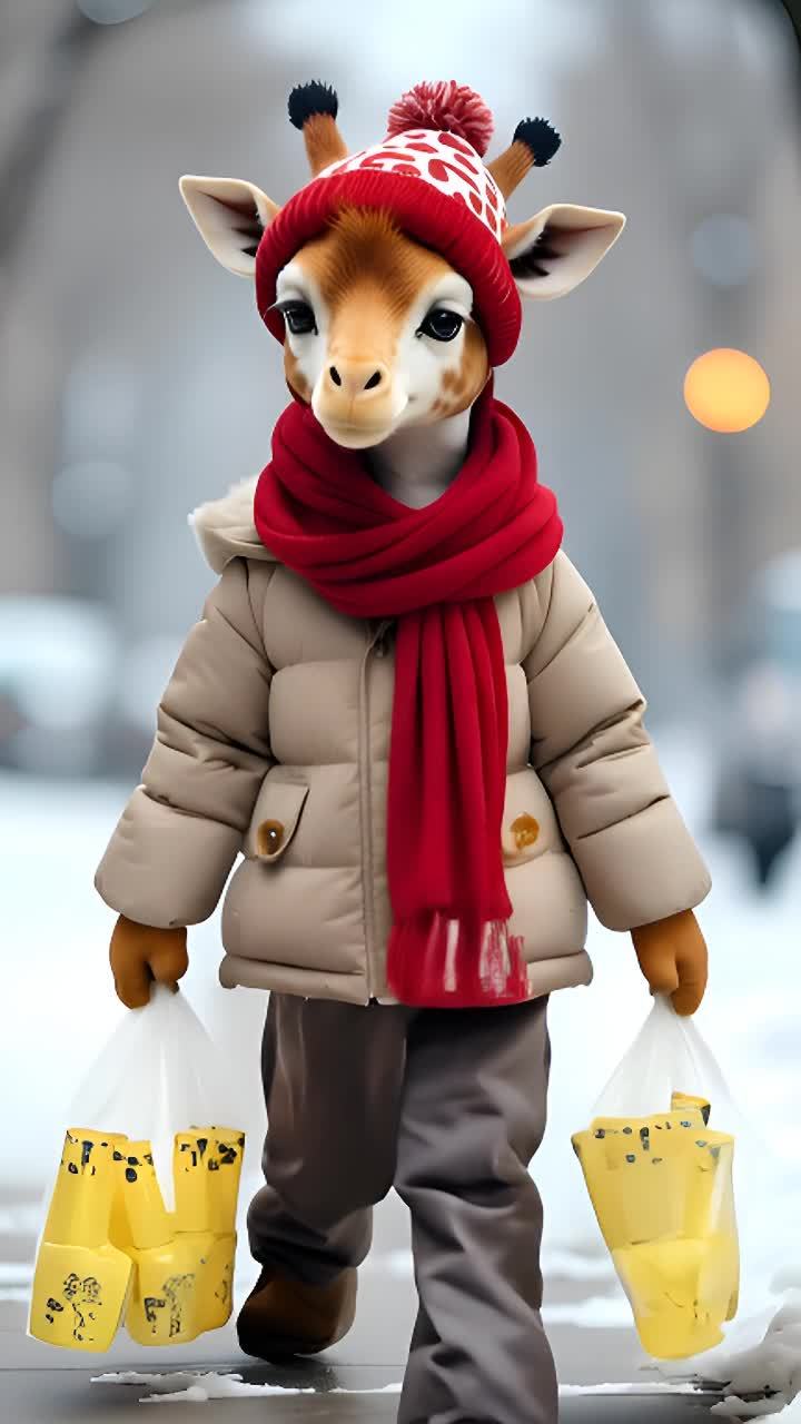 一只长颈鹿站在雪地上，它戴着红色带白色斑点的帽子，