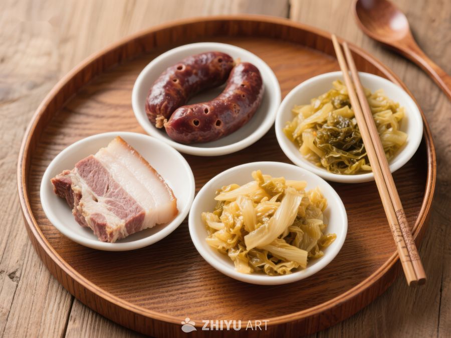传统美食拼盘：腊肠、腌菜与肉片 146