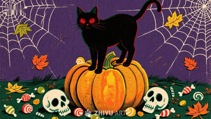 黑猫立于南瓜之上，万圣节氛围浓厚