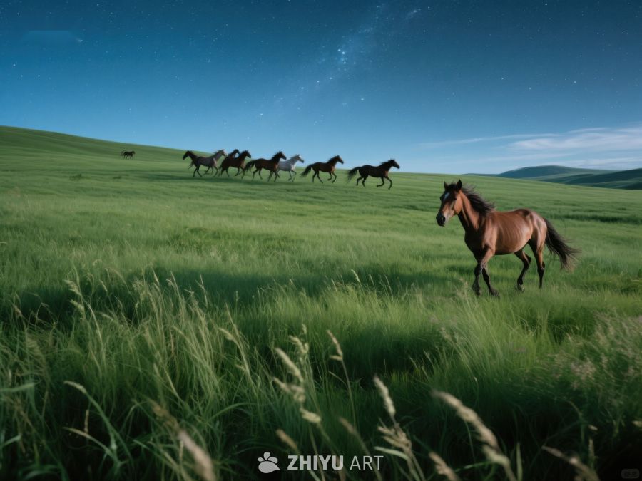 草原夜景中奔跑的马群 8
