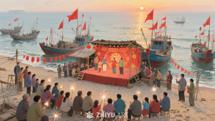 海边舞台表演，观众围坐欣赏 309