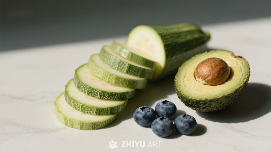 切片黄瓜、牛油果与蓝莓的静物组合