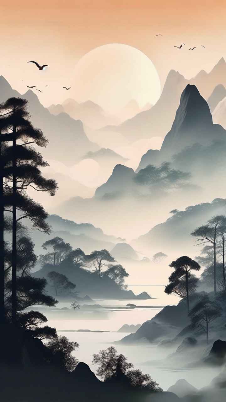 国风水彩画山水风景插画 114