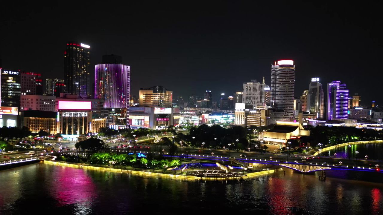 航拍浙江宁波老外滩夜景