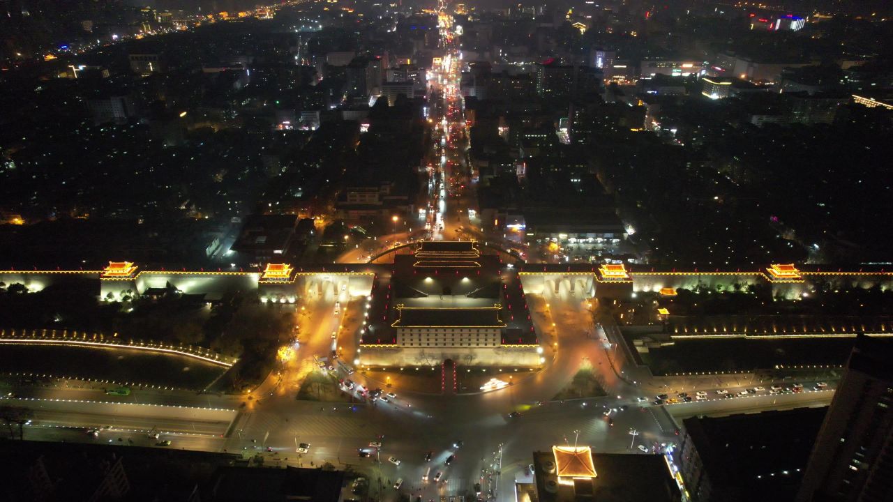 西安古城墙长乐门夜景灯光航拍 