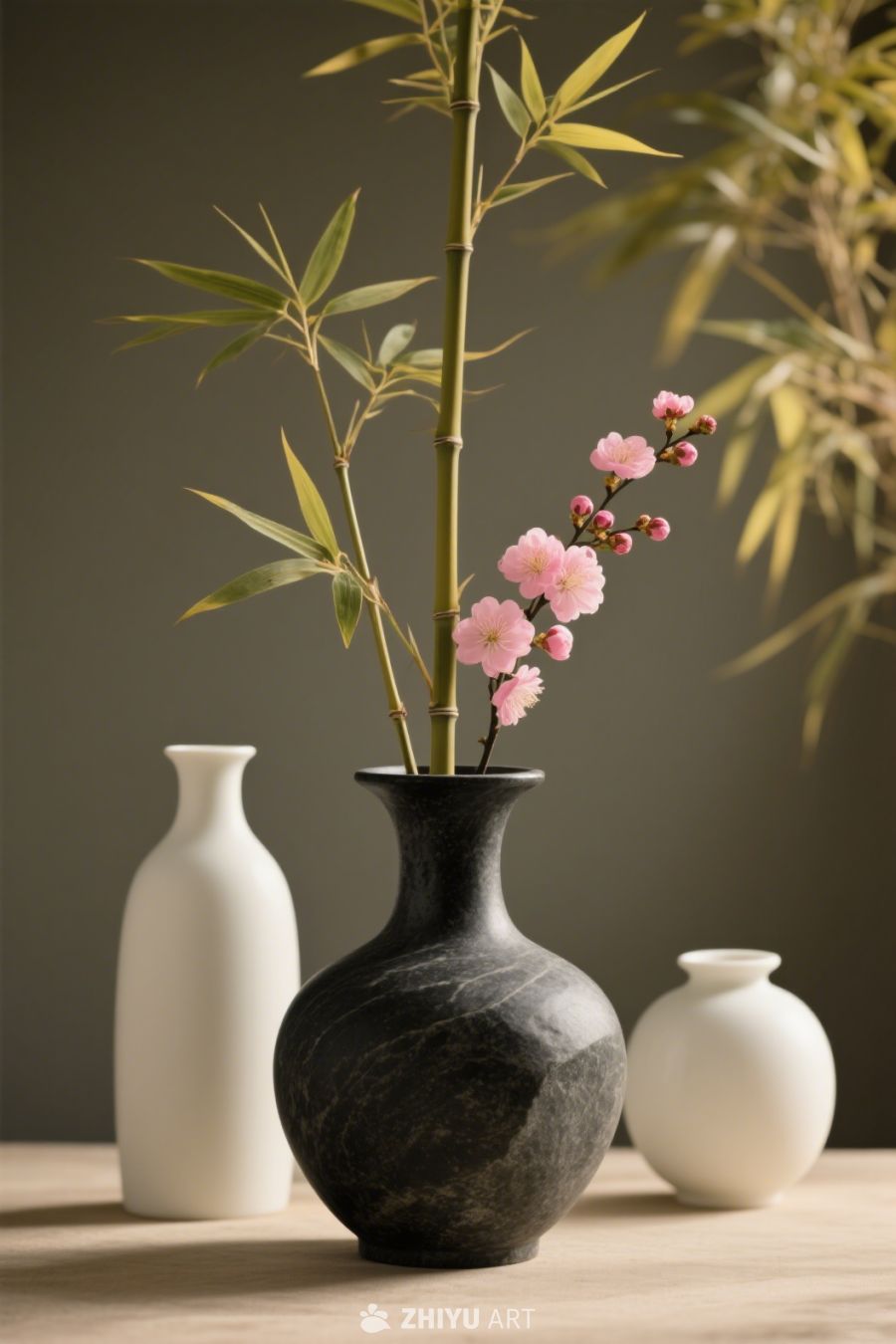 黑色石质花瓶，瓶中插着几枝简约竹子和一束梅花，旁边搭配两个不同大小的花瓶 2