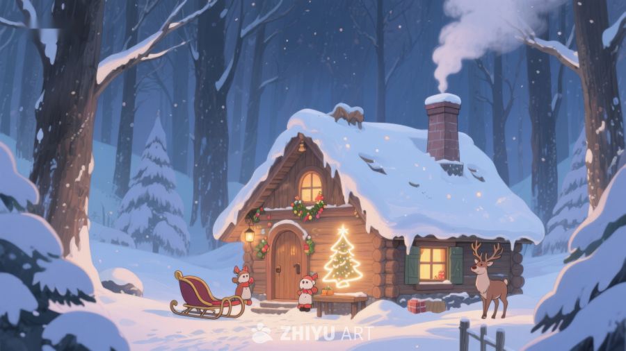 雪夜森林中的温馨小屋 387