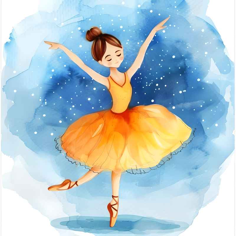 水彩剪贴画，一个可爱的芭蕾舞演员穿着黄色的裙子 1