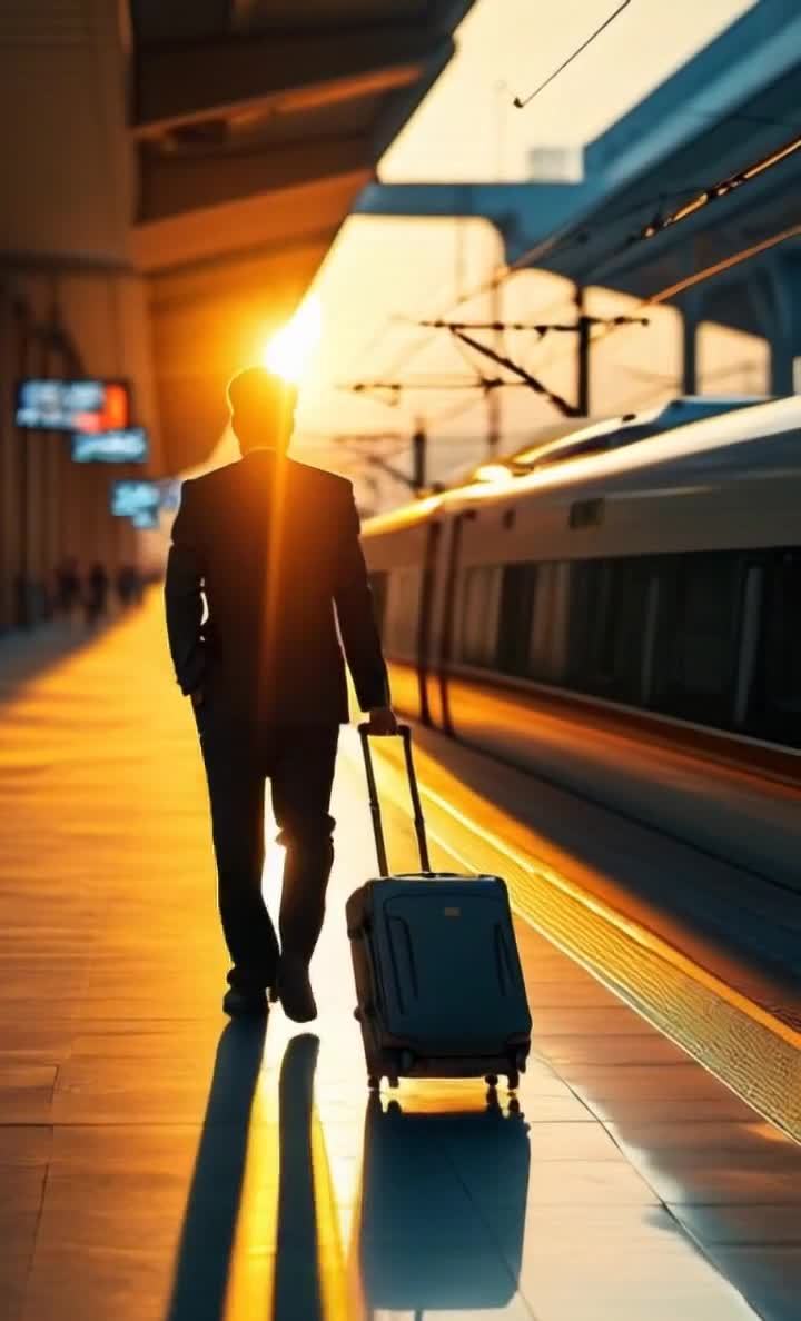 高铁站台：商务男士拖箱金色夕阳下列车驶过