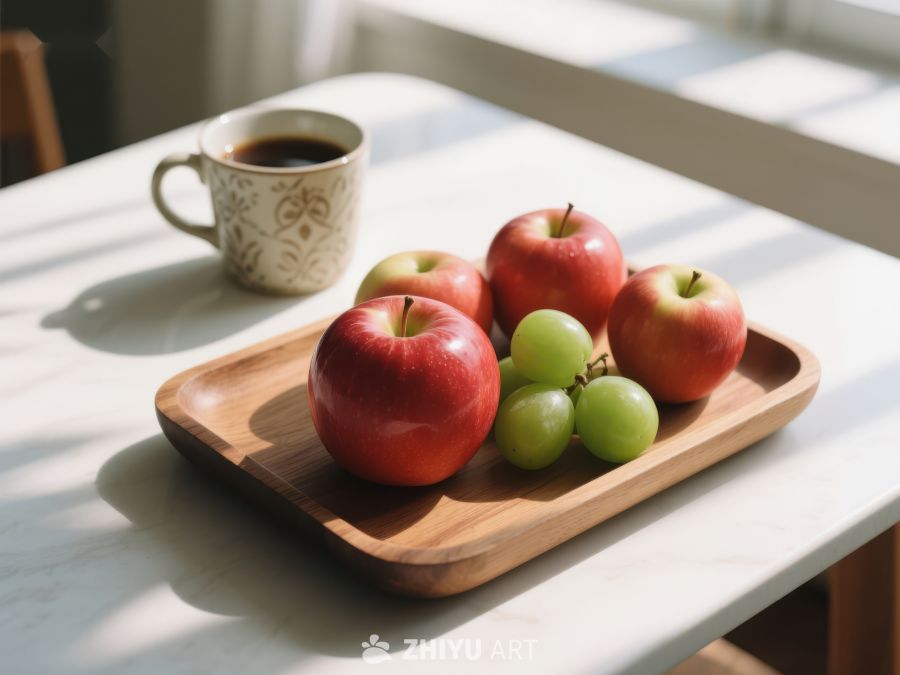 木盘上的苹果、葡萄与咖啡 419