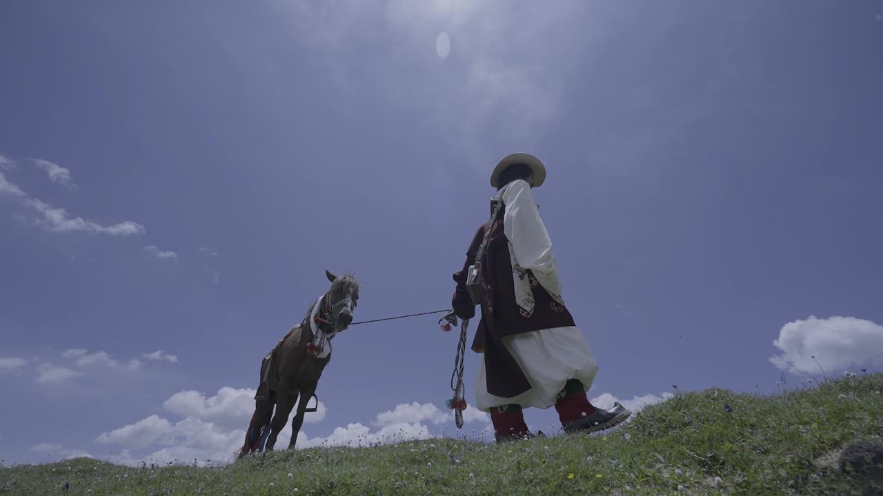 高原草原牧马人行走湖畔