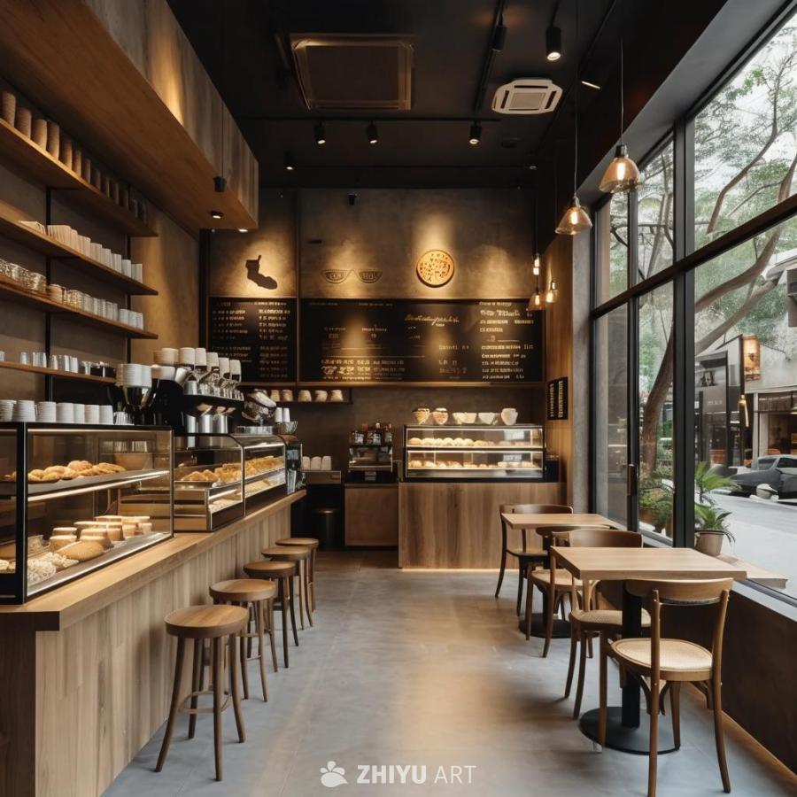 一家旧式咖啡店，店内有木质长桌，长桌前摆放着一排木