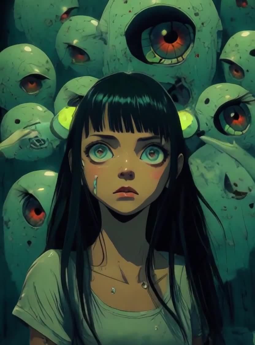 少女凝视恐惧：红色眼睛的异形包围。