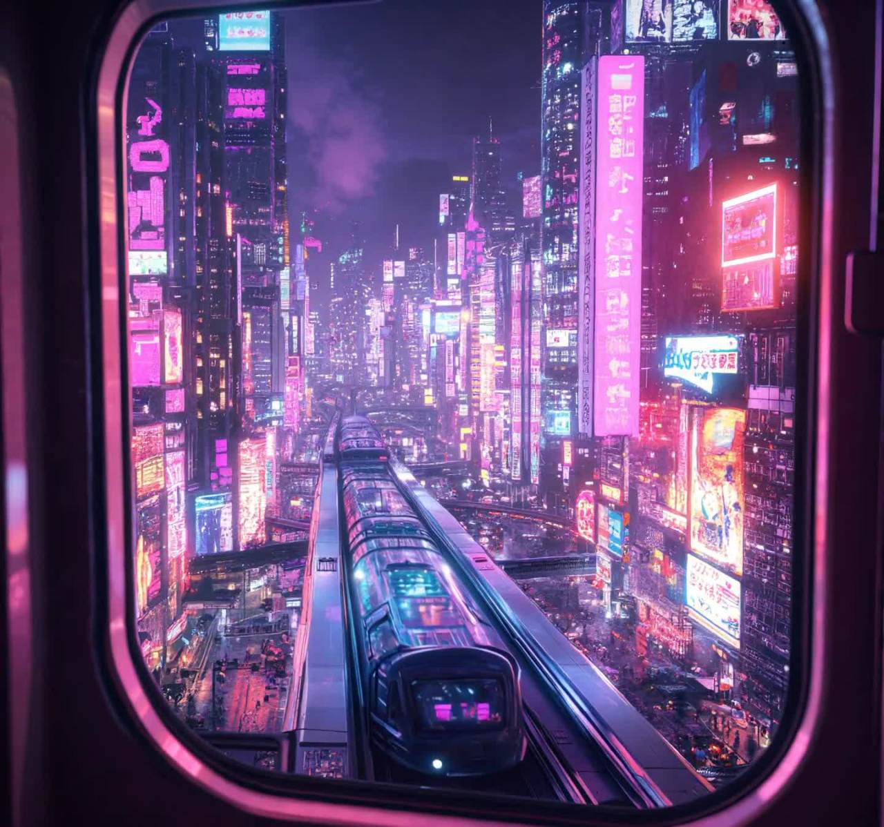 透过窗户可以看到一个充满霓虹灯的未来城市景观。高耸