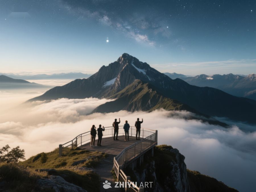 山顶观景台上的游客俯瞰云海 126