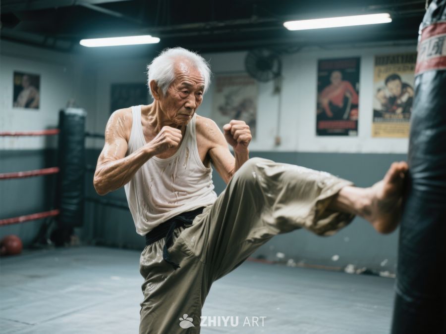 老人在拳击馆练习踢腿 522