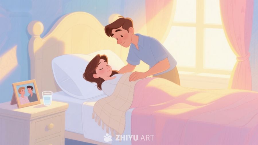 温馨病房：男子轻抚病床上的女子 349