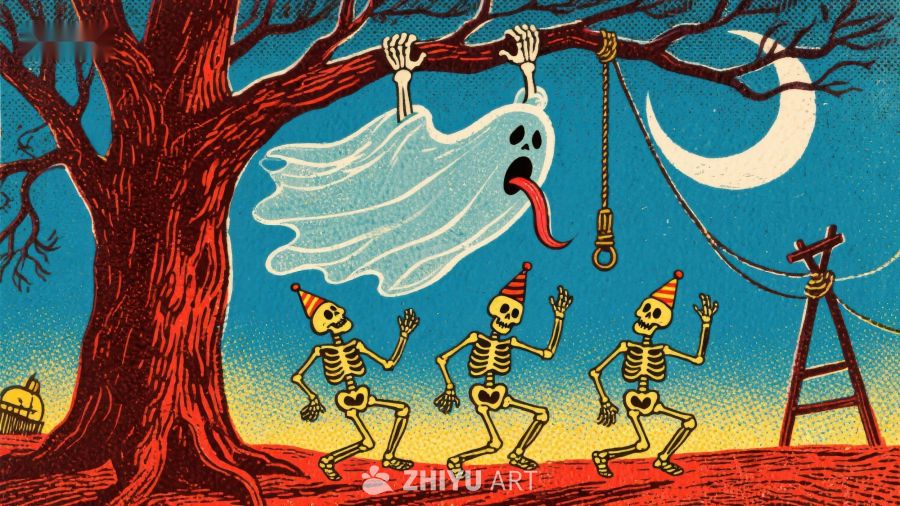 骷髅庆祝，幽灵悬挂树梢