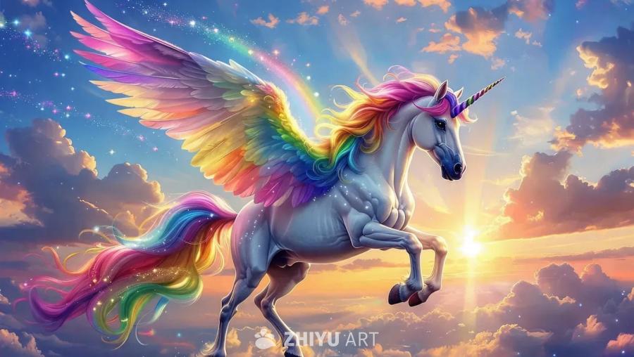 一只彩虹色的独角兽在湛蓝的天空中飞翔，它的鬃毛和尾
