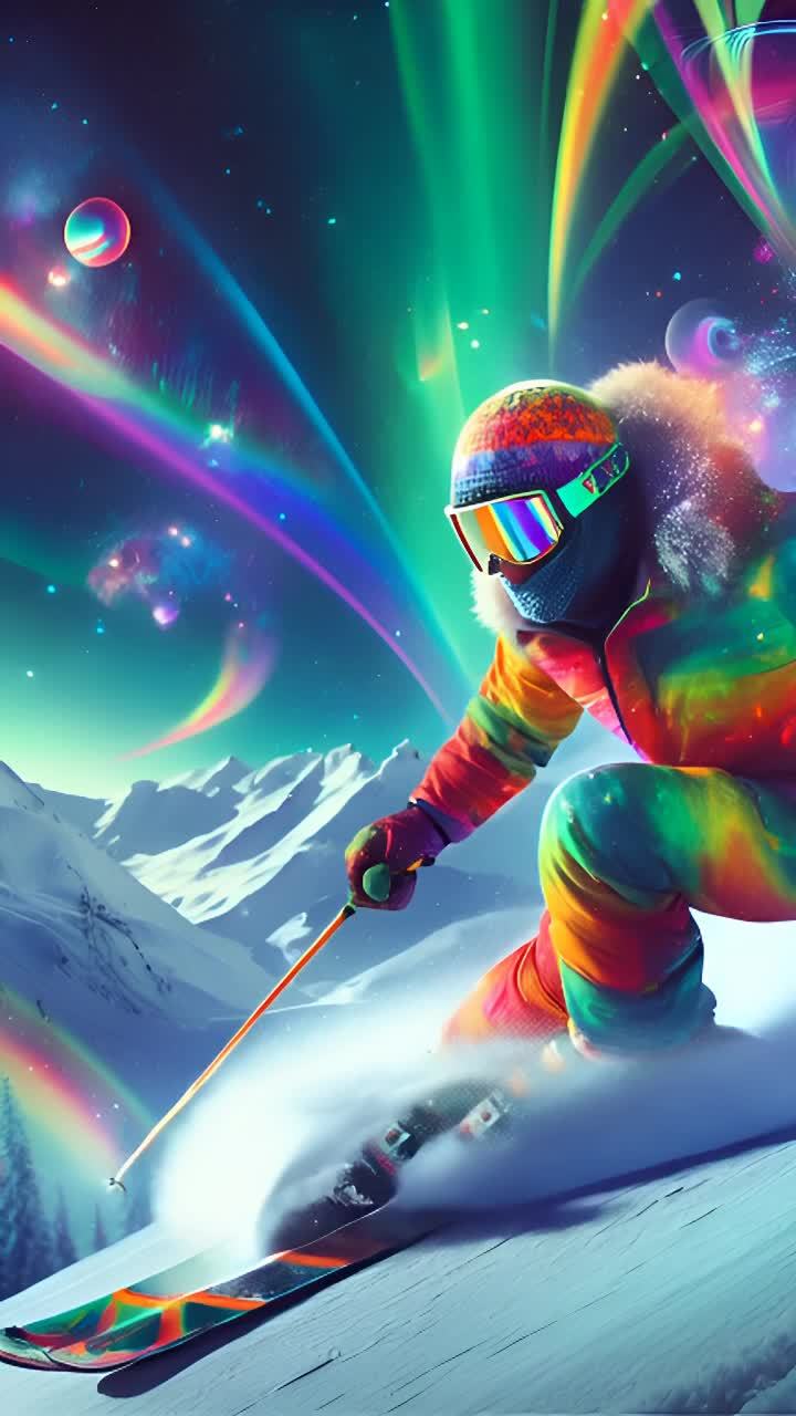 一位穿着彩色滑雪服的滑雪者，手持滑雪杖，在雪地上滑