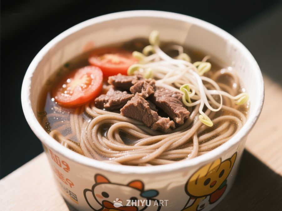 牛肉面碗装，配以豆芽和番茄 764