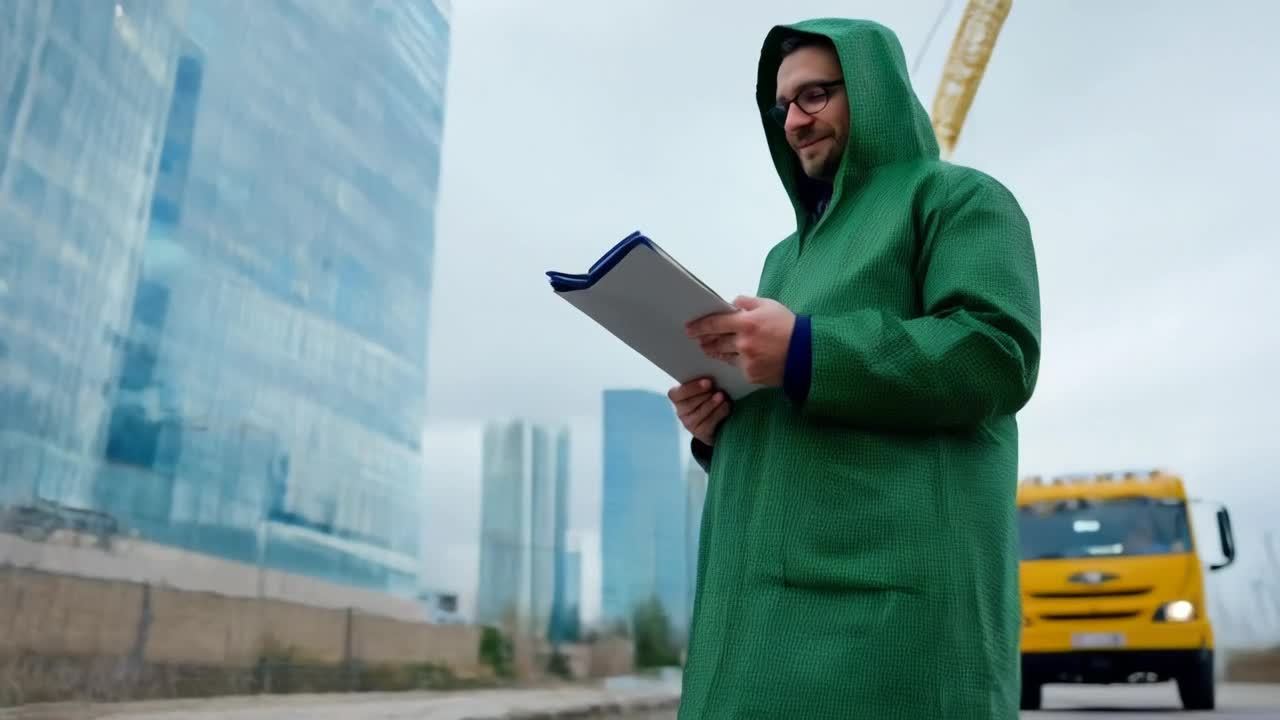 一名男子站在摩天大楼的建筑工地，他身穿绿色粗麻布雨