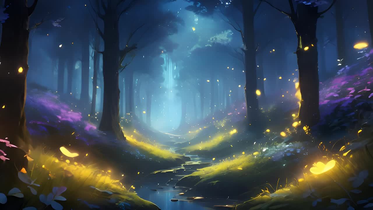 一条弯曲的小路在茂密的森林中延伸，路面泛着柔和的黄