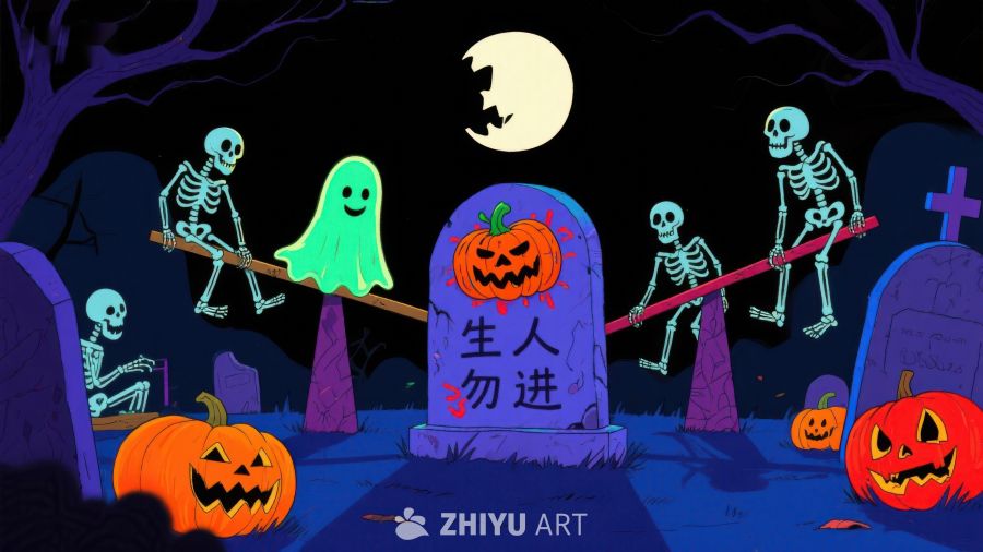 万圣节墓地夜景：骷髅与幽灵的趣味互动