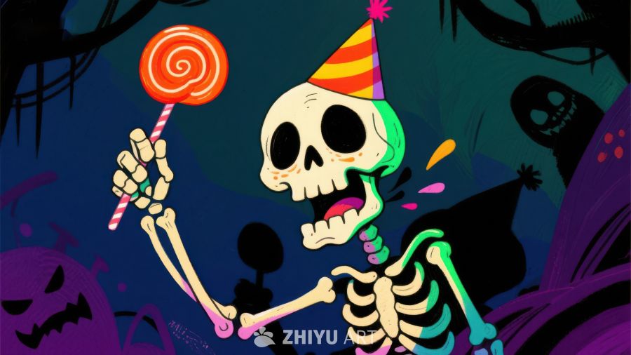 骷髅手持棒棒糖，庆祝节日