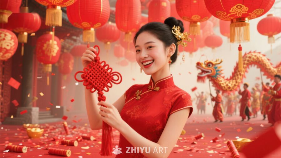 女子身着红裙手持中国结庆祝节日 696