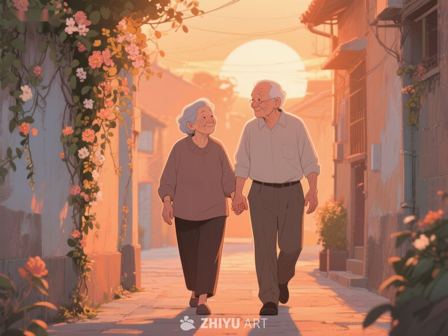 夕阳下漫步的老年夫妇 946