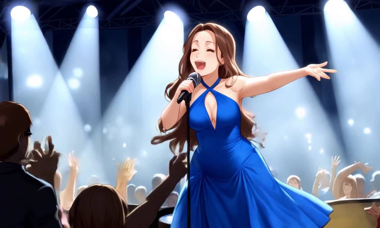 舞台上歌唱的女孩，观众欢呼的演唱会场景