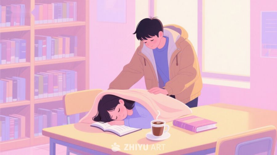 图书馆中温馨一幕：男生为女生盖毯 344