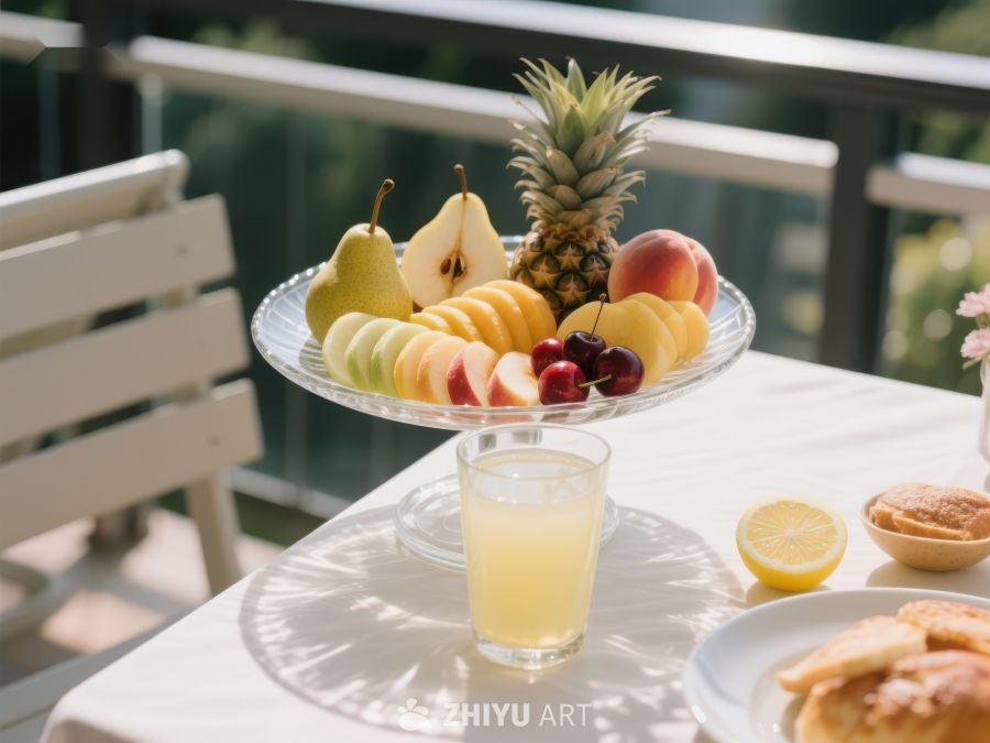 阳光下的水果拼盘与饮品 735