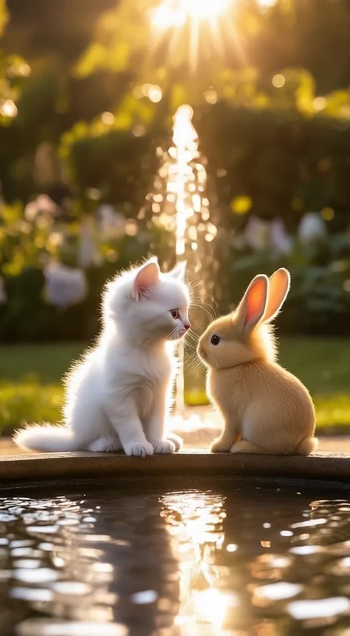 一只白色的小猫和一只浅棕色的小兔子，坐在一片平静的