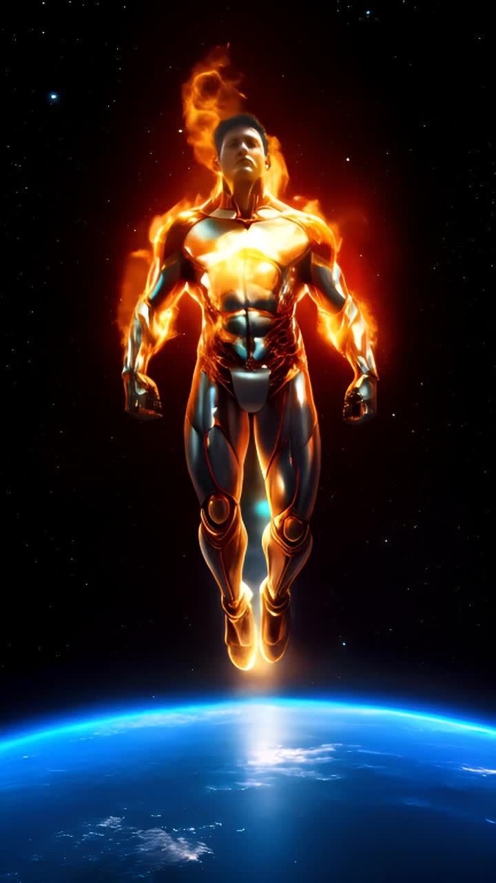 在太空中漂浮着一个身穿银色盔甲的男子，他的身体被火