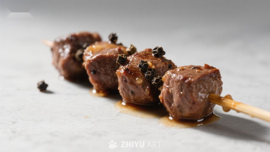 香烤肉串，撒有胡椒粒