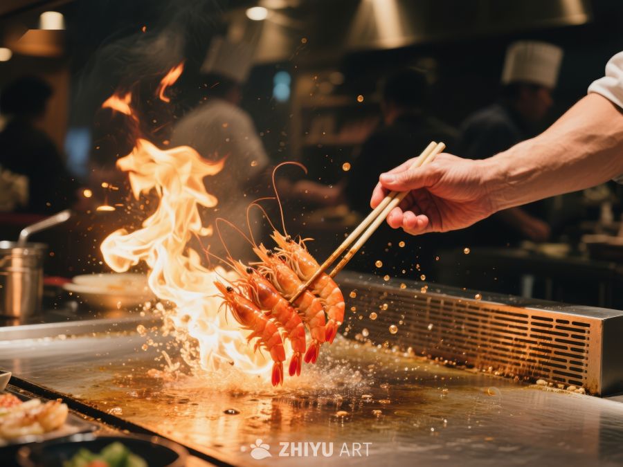 火焰铁板烧虾，厨师现场烹饪 362