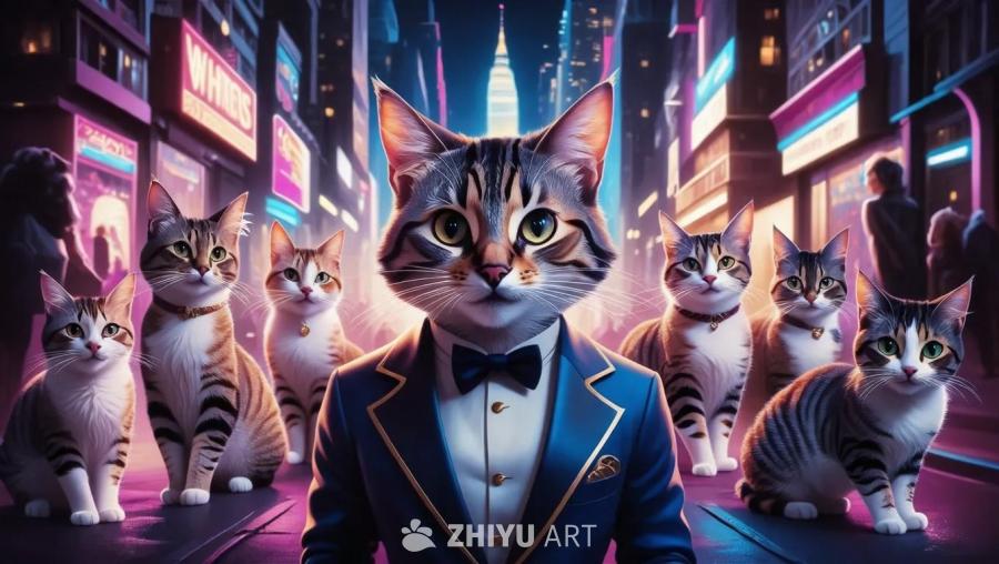 一只穿着蓝色西装的猫站在画面中央，它戴着领结，眼神