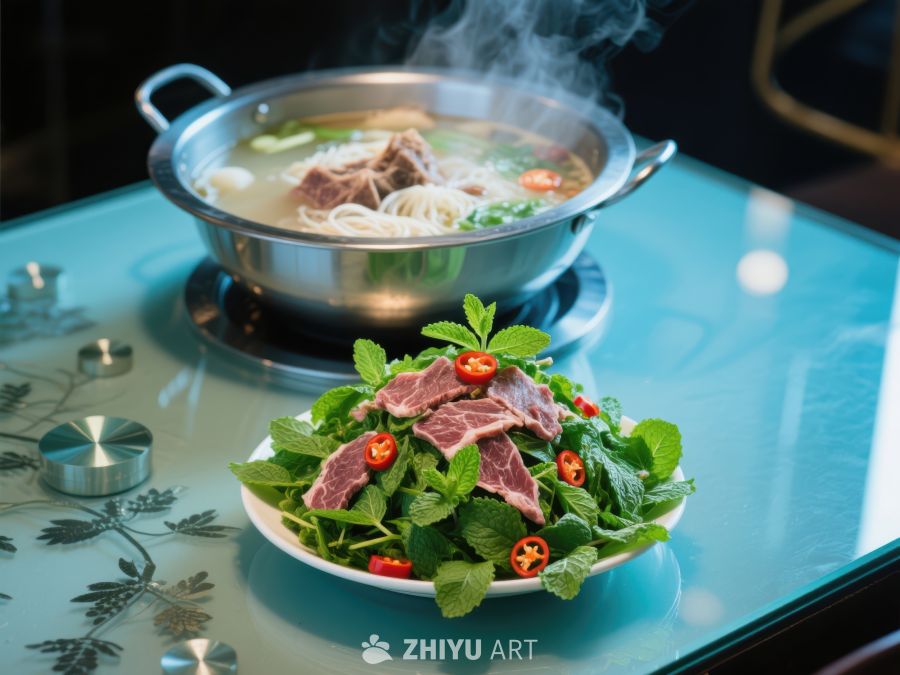 热气腾腾的火锅与新鲜生菜牛肉 547