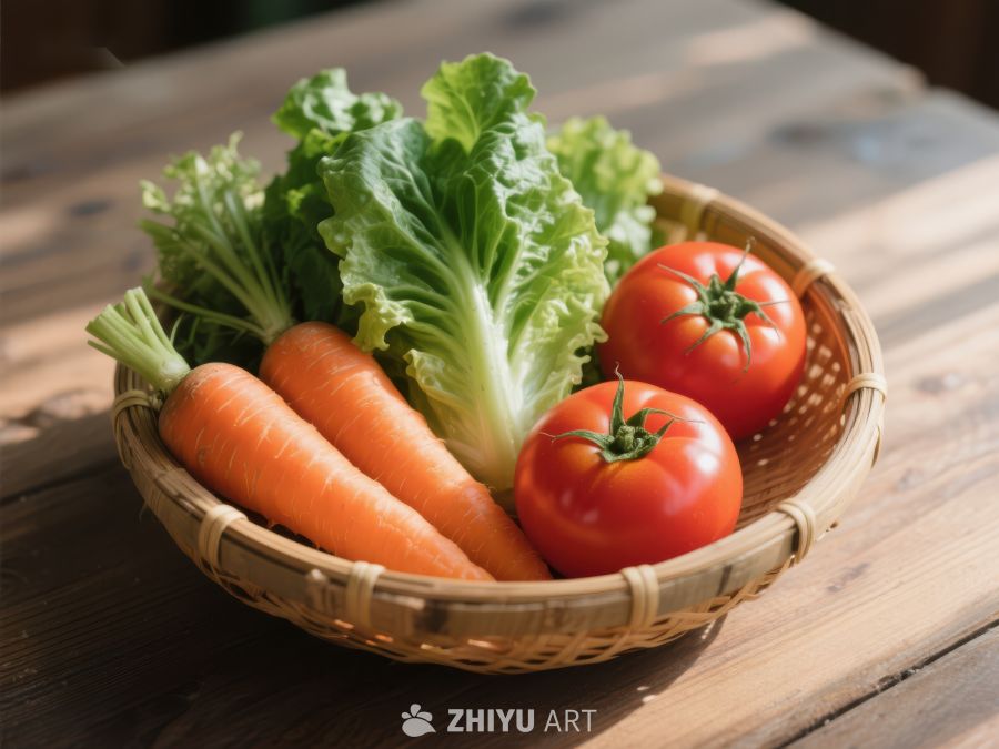 新鲜蔬菜篮：胡萝卜、生菜与番茄 646