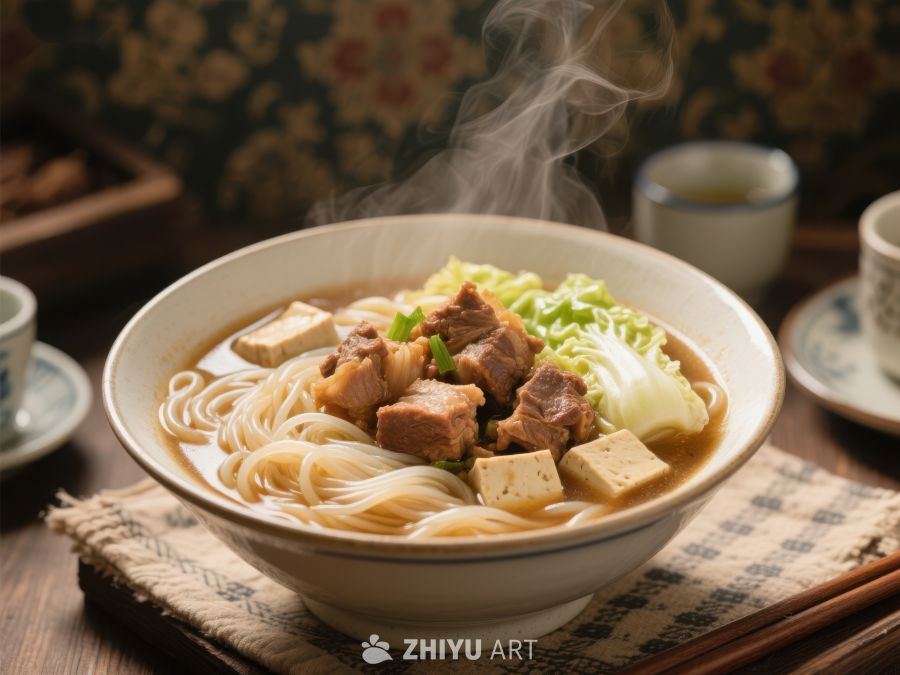 热腾腾的牛肉面配豆腐和青菜 993
