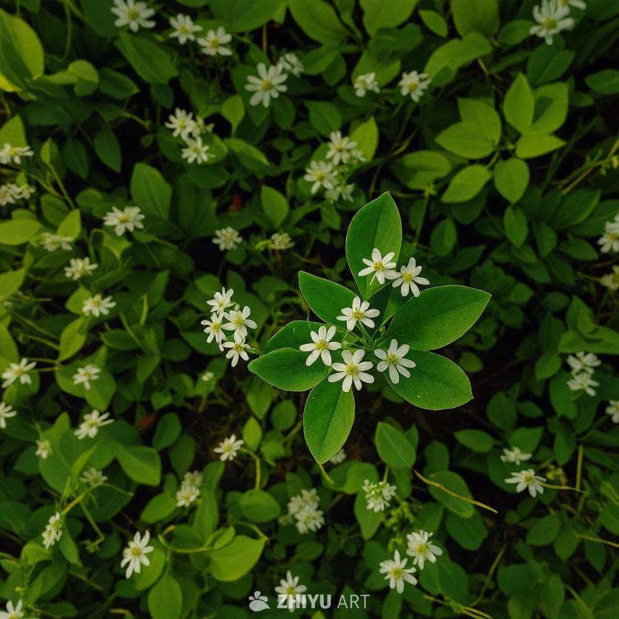 一片绿色的田野，其中生长着各种植物和花卉。画面中心